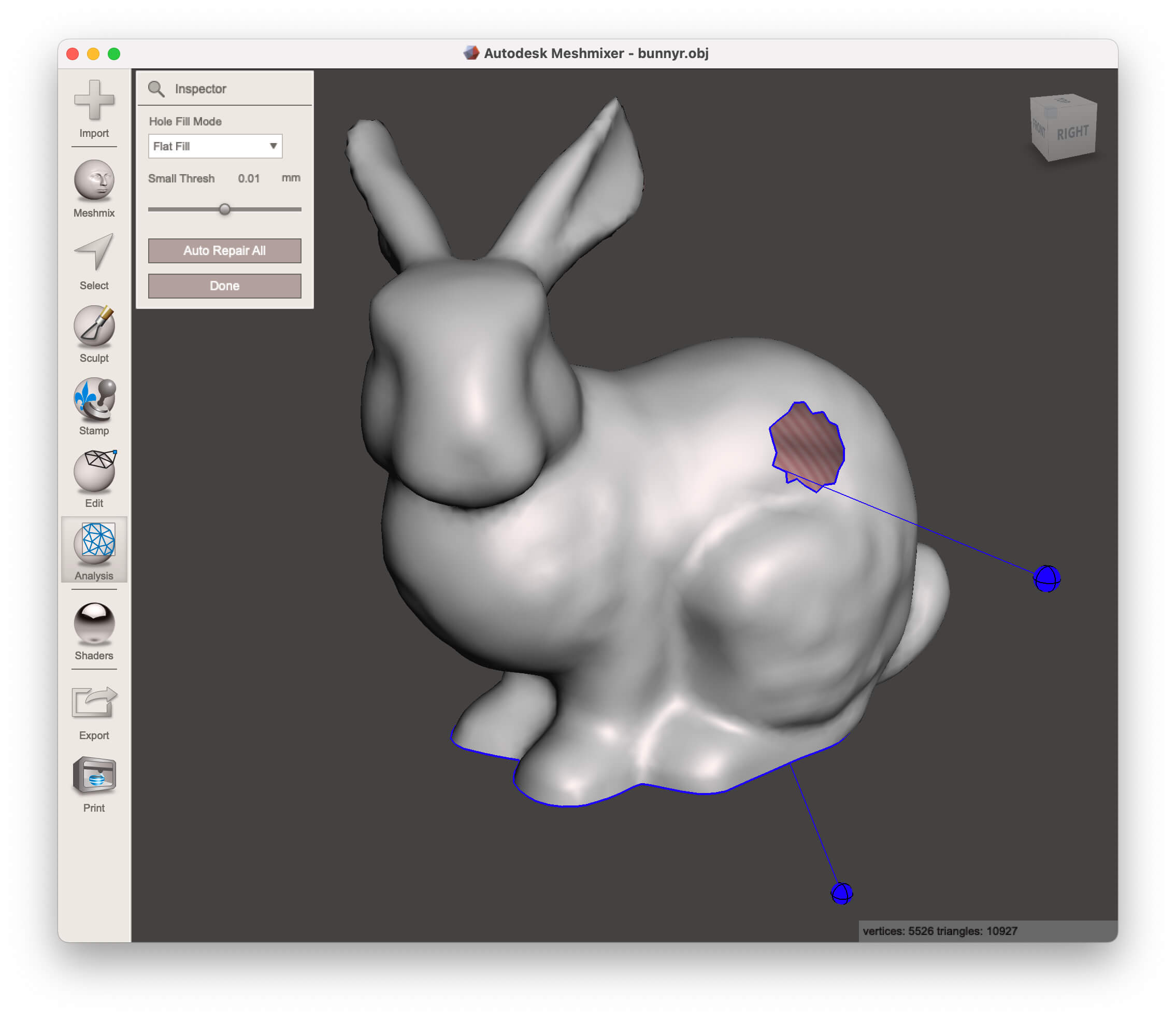 Meshmixer highlighting holes in the bunny model