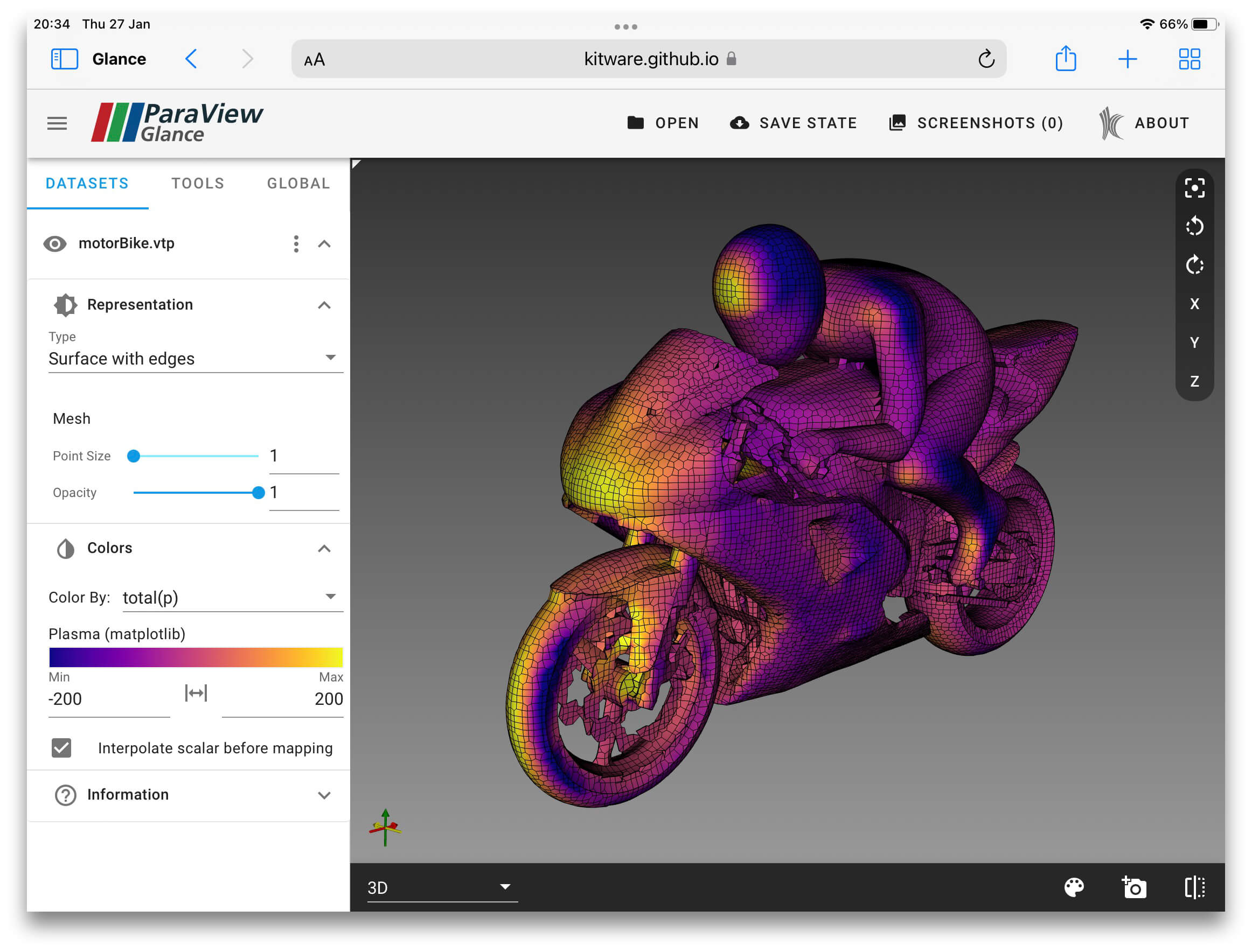 Using ParaView Glance on my iPad to inspect the motorBike tutorial data