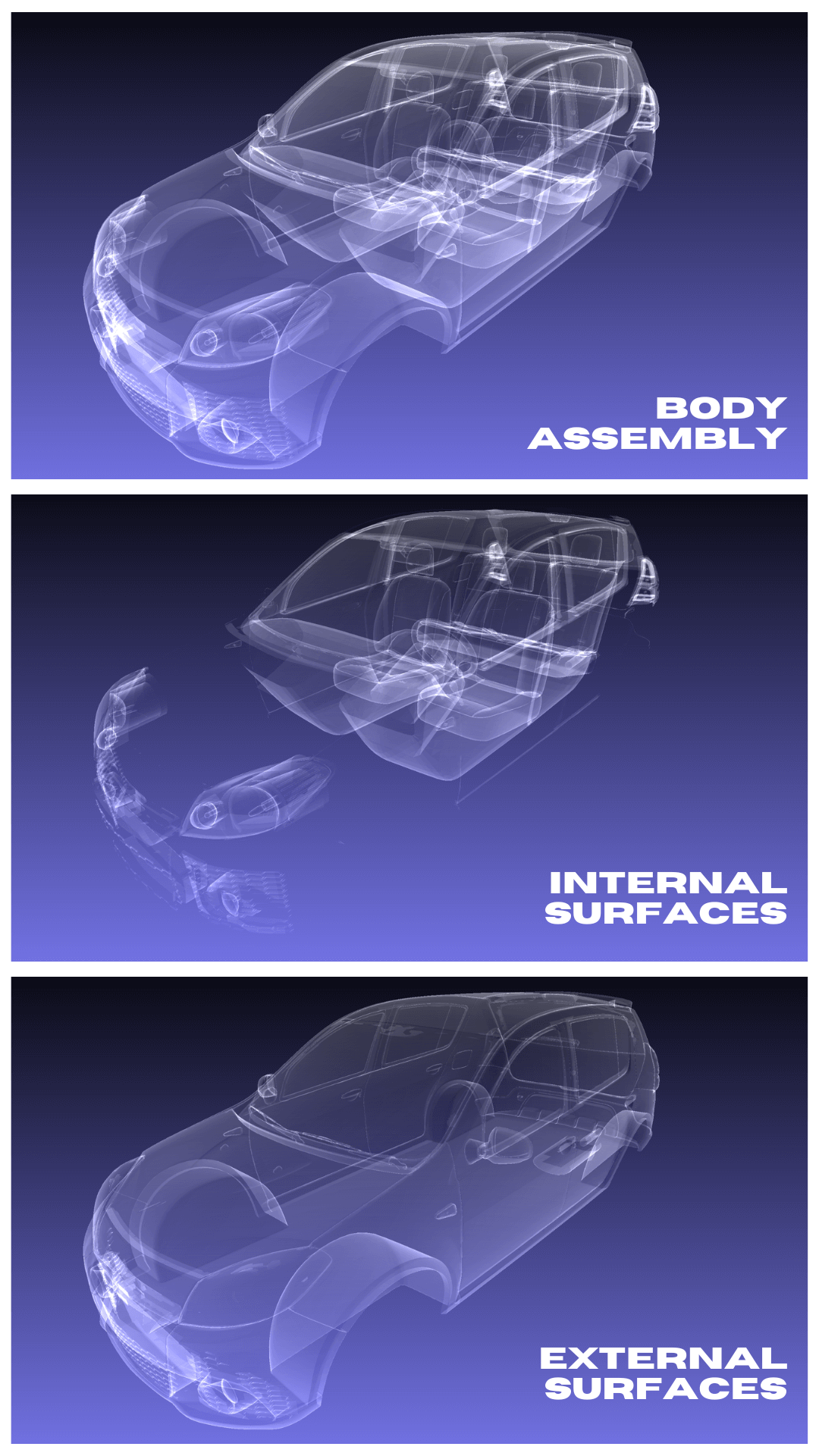 x-rays of our model in MeshLab showing the original surfaces, the internal surfaces we removed & our final external-only mesh