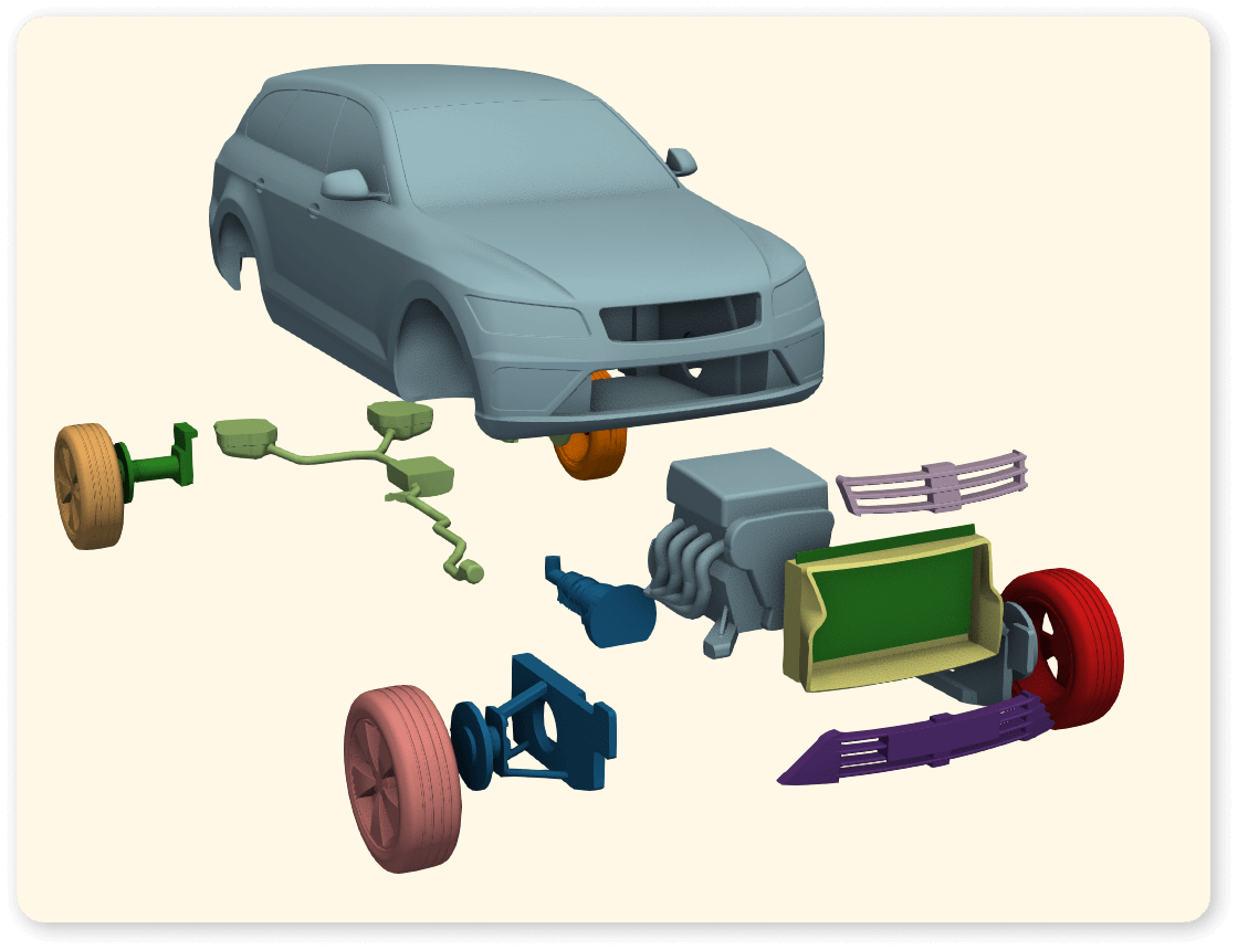 An exploded view of a SUV model created, semi-automatically, using ParaView